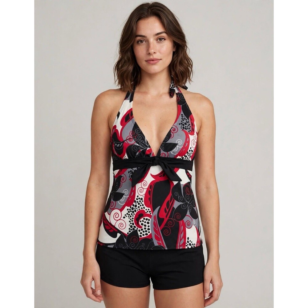 Y2K Floral Halter Tankini Top Tie Front Retro Boho Swimsuit Kim Rogers Small Red